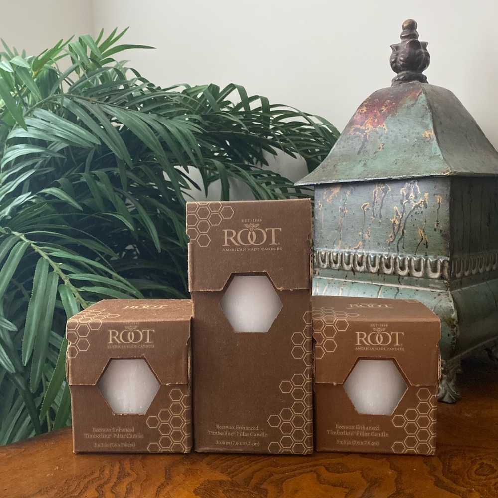 ROOT Beeswax Enhanced Timberline Pillar White Candles  (33617) set of Three